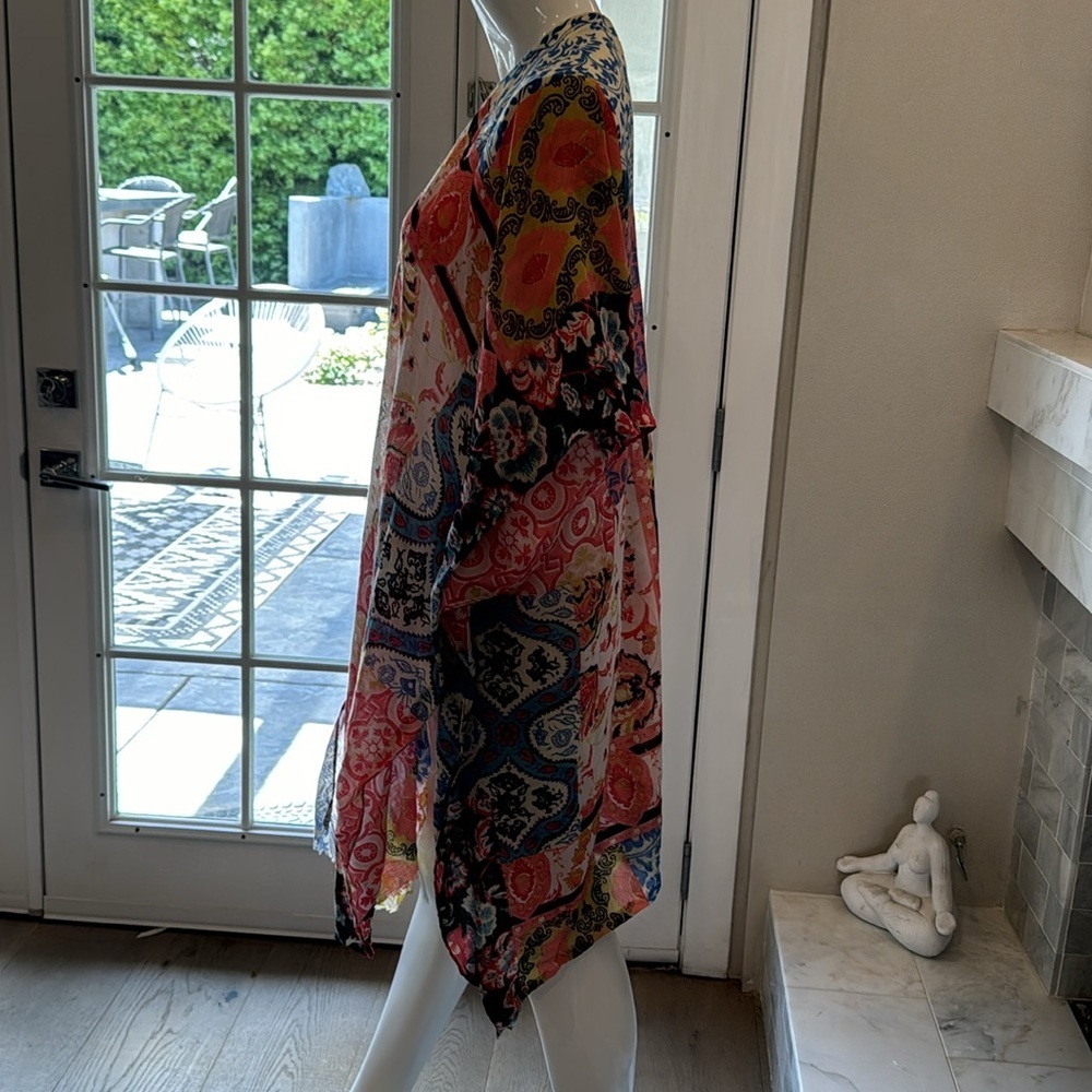 Boho Mixed Multicolored Print Semi Sheer Short Sleeve Open Kimono Jacket OS - Picture 3 of 10